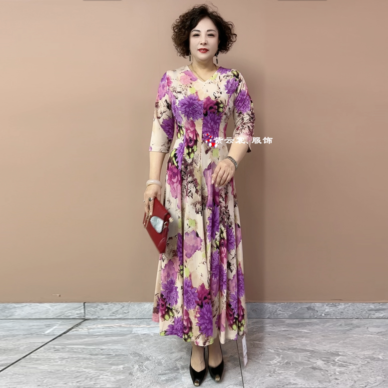 高端中年妈妈装夏季中袖冰麻印花连衣裙时尚气质优雅高弹大摆长裙