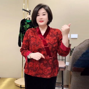 氣質高檔秋裝 彈力遮肚子金貂絨中老年媽媽裝 復古漢服旗袍小衫 長袖