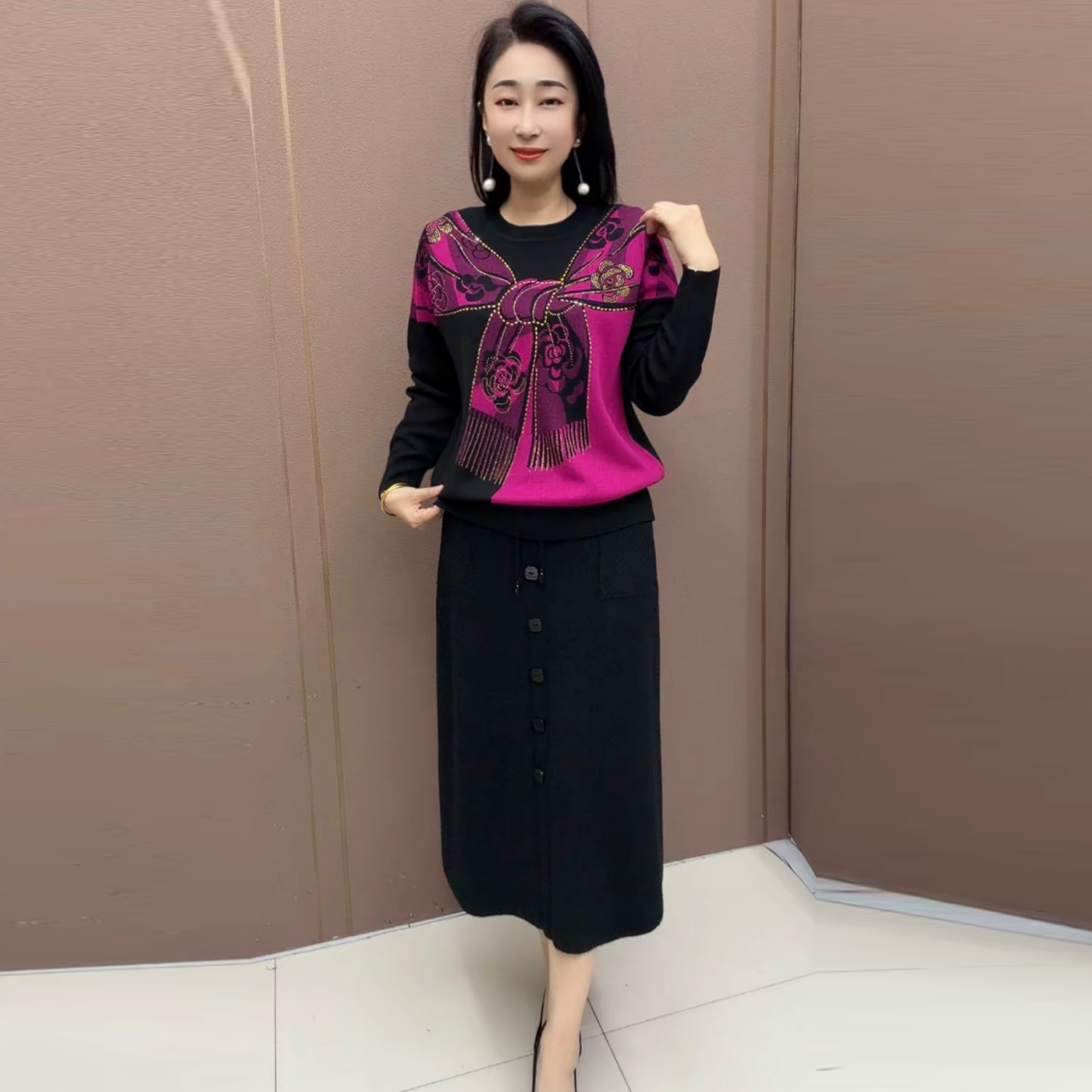 高端长袖针织衫毛衣秋冬宽松休闲遮肉显瘦中老年妈妈短款洋气上衣