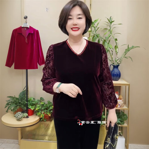 高端春秋冬丝绒长袖年轻妈妈装宽松V领镶钻上衣遮肉显瘦打底小衫