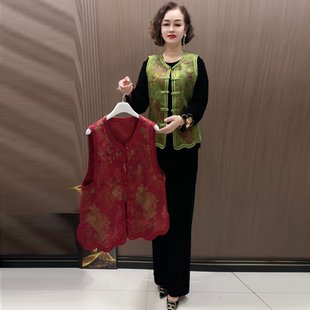 时尚气质妈妈春装圆领无袖缎面绣花马甲中年宽松显瘦洋气显瘦马夹