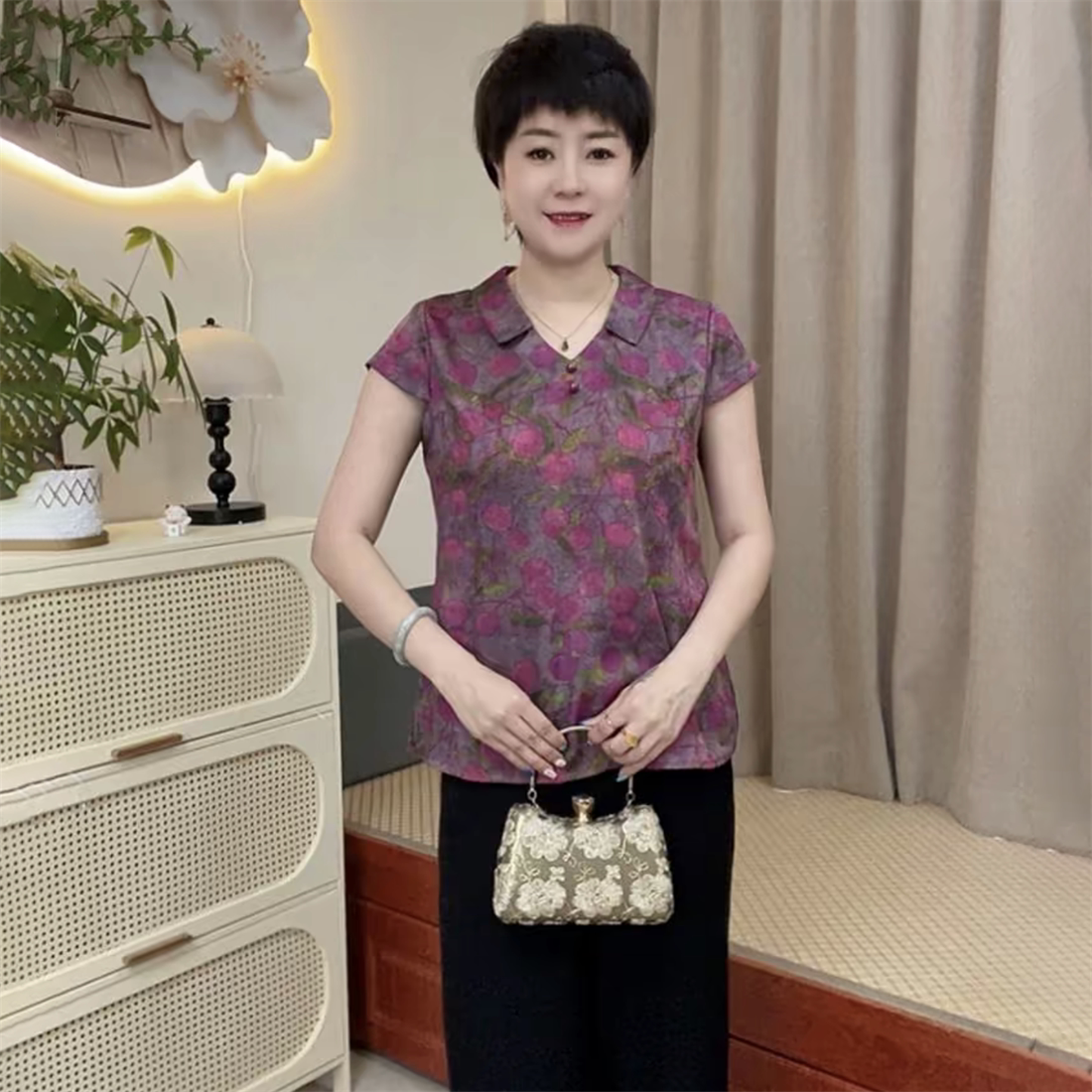 夏季醋酸短袖洋气娃娃领时尚减龄旗袍衫上衣中年妈妈宽松遮肉小衫