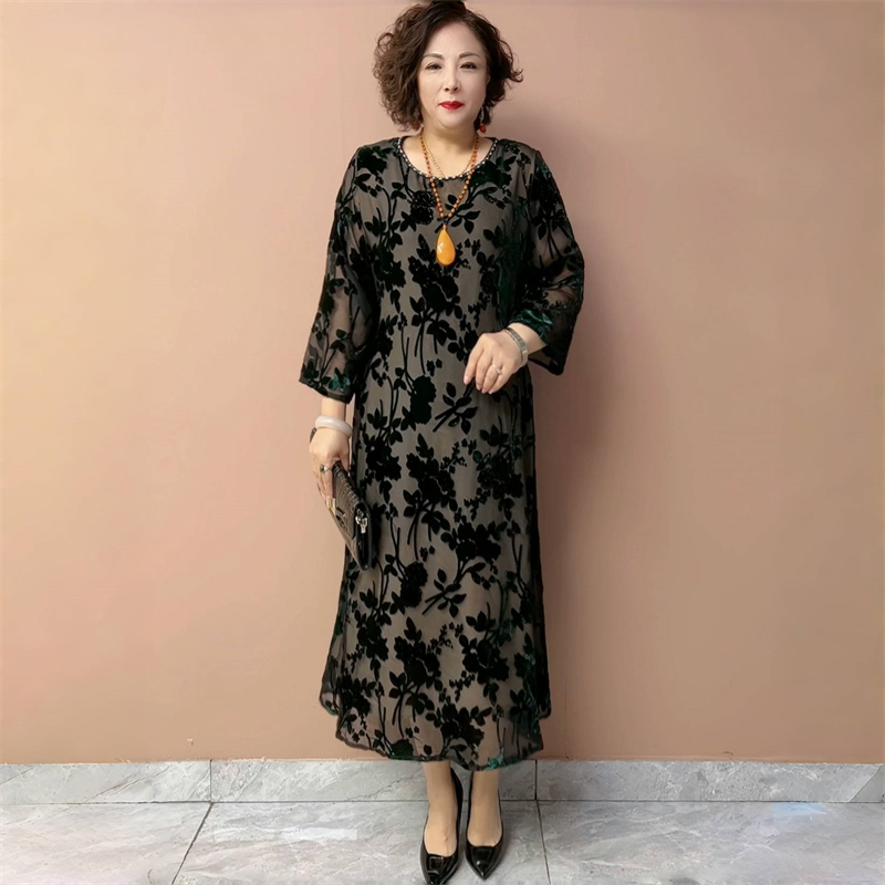 时尚洋气妈妈装宽松遮肉真丝植绒烧花加肥大码200斤中长款连衣裙