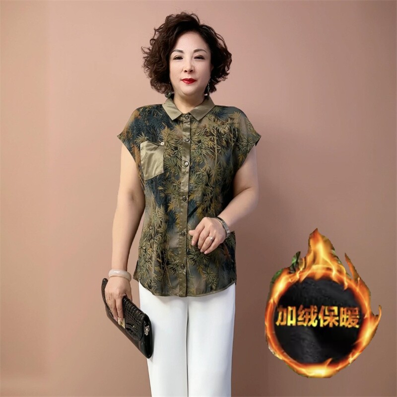 贵夫人夏季短袖中老年重磅真丝衬衫宽松遮肉显瘦短款洋气开衫上衣