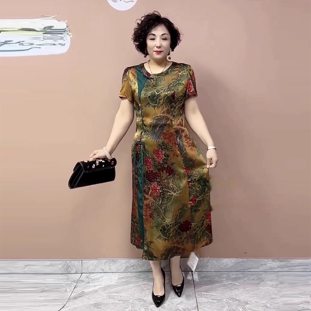 夏季新款宽松遮肉显瘦中老年妈妈大码中长款重磅真丝连衣裙长裙子
