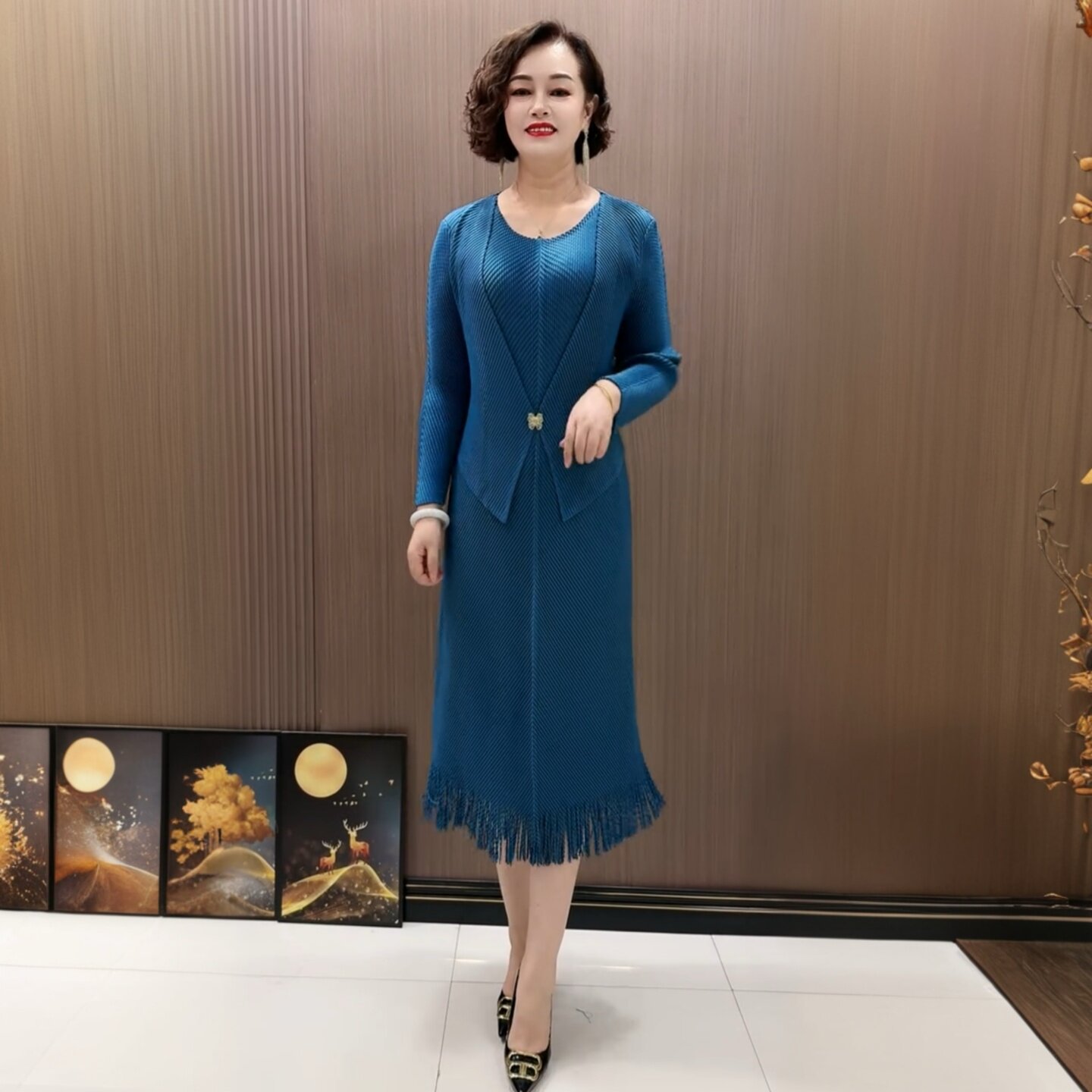 时尚气质百搭减龄百褶裙假两件民族风长袖大码妈妈连衣裙洋气长裙