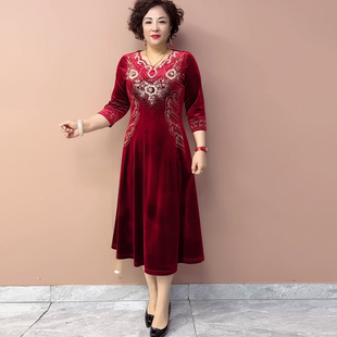 春秋冬妈妈装时尚镶钻连衣裙长款气质婚礼喜婆婆红色大码婚宴礼服