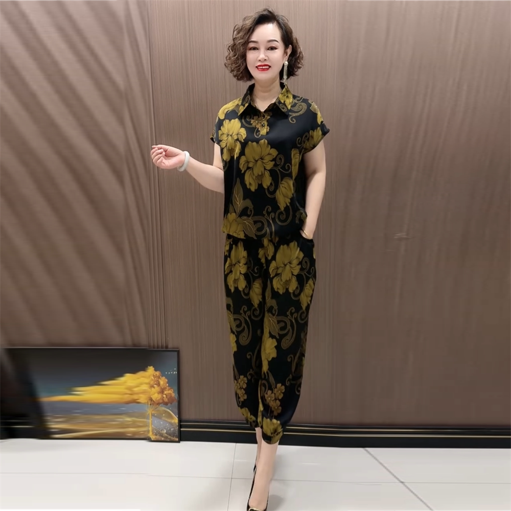 夏季冰麻洋气宽松中老年妈妈翻领套头短袖上衣哈伦裤时尚两件套装