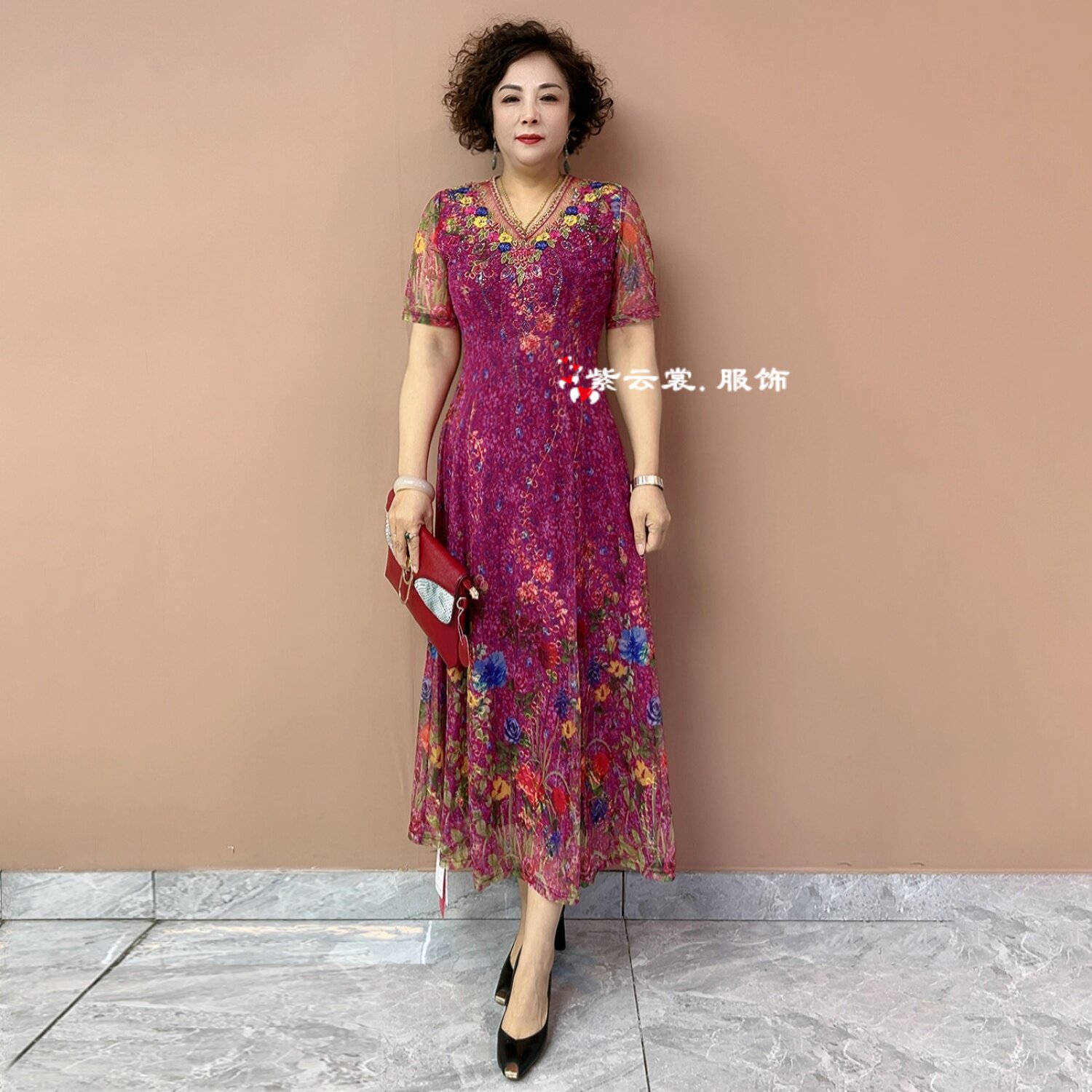 高端气质碎花连衣裙夏季短袖新款年轻妈妈装大码收腰显瘦网纱长裙