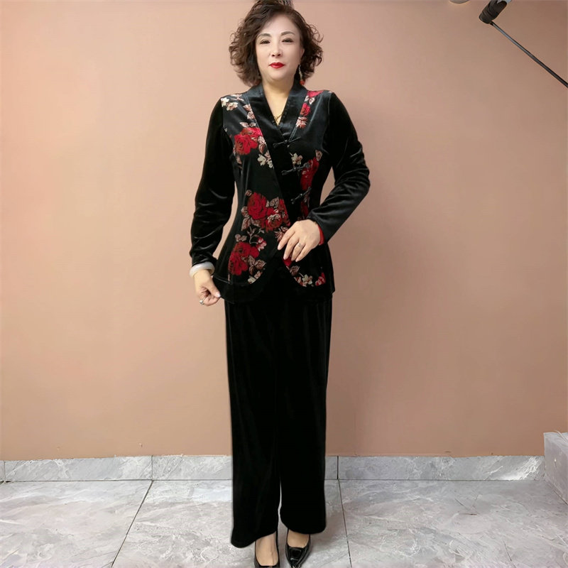 秋季新款国风新中式丝绒上衣女中年妈妈气质减龄黑色短款开衫外套