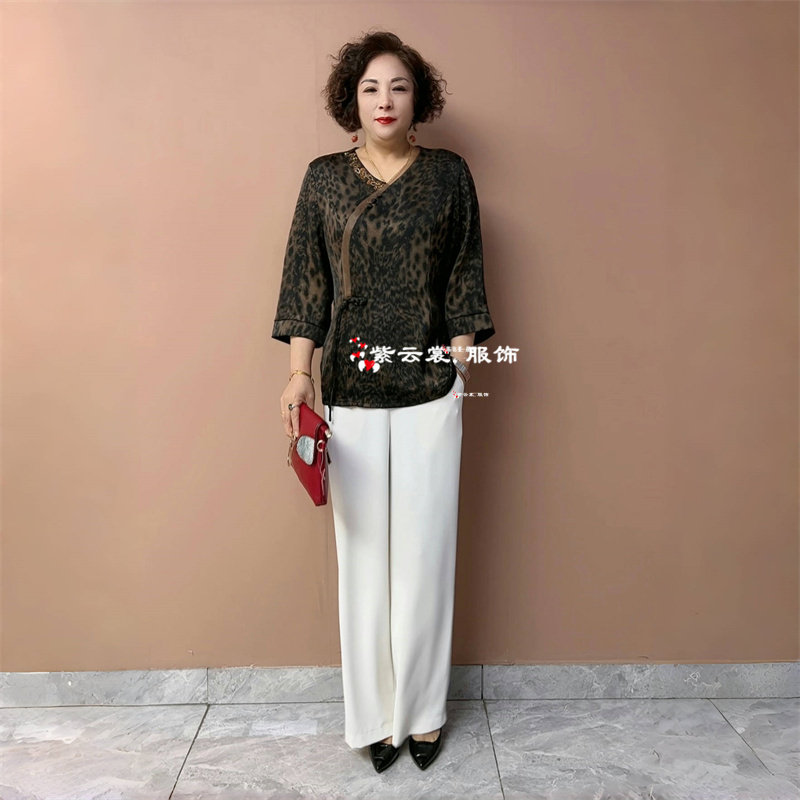 高档夏季中式国风云锦真丝缎妈妈装七分袖衬衫宽松遮肉旗袍衫上衣