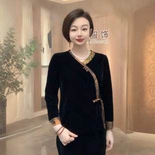 阔太太国风撞色中老年妈妈旗袍衫上衣秋冬长袖丝绒洋气大码打底衫