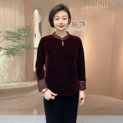 中老年妈妈秋冬绣花丝绒长袖旗袍衫时尚洋气大码弹力显瘦打底小衫