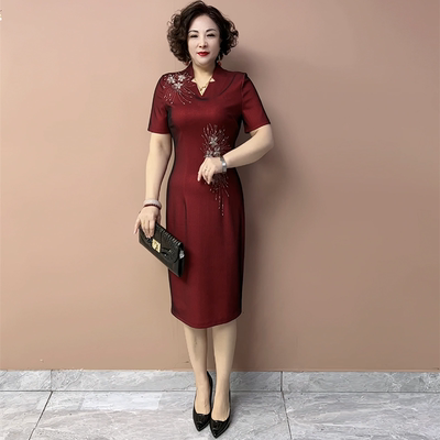 阔太太高端夏季短袖喜婆婆婚宴旗袍裙修身显瘦气质妈妈装连衣裙女