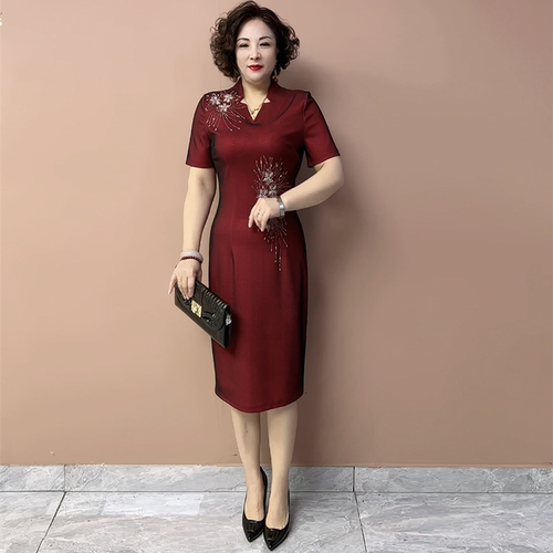 阔太太高端夏季短袖喜婆婆婚宴旗袍裙修身显瘦气质妈妈装连衣裙女