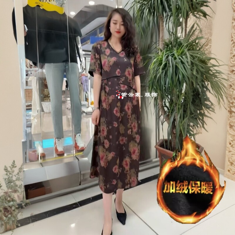 夏季短袖新款复古国风高端真丝时尚碎花连衣裙宽松显瘦气质长裙子