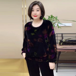 高端阔太太中老年妈妈桑蚕丝真丝植绒上衣宽松遮肉加大码减龄小衫