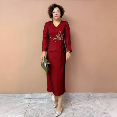 高端气质中年妈妈喜婆婆大码婚宴结婚礼服敬酒服宽松假两件连衣裙