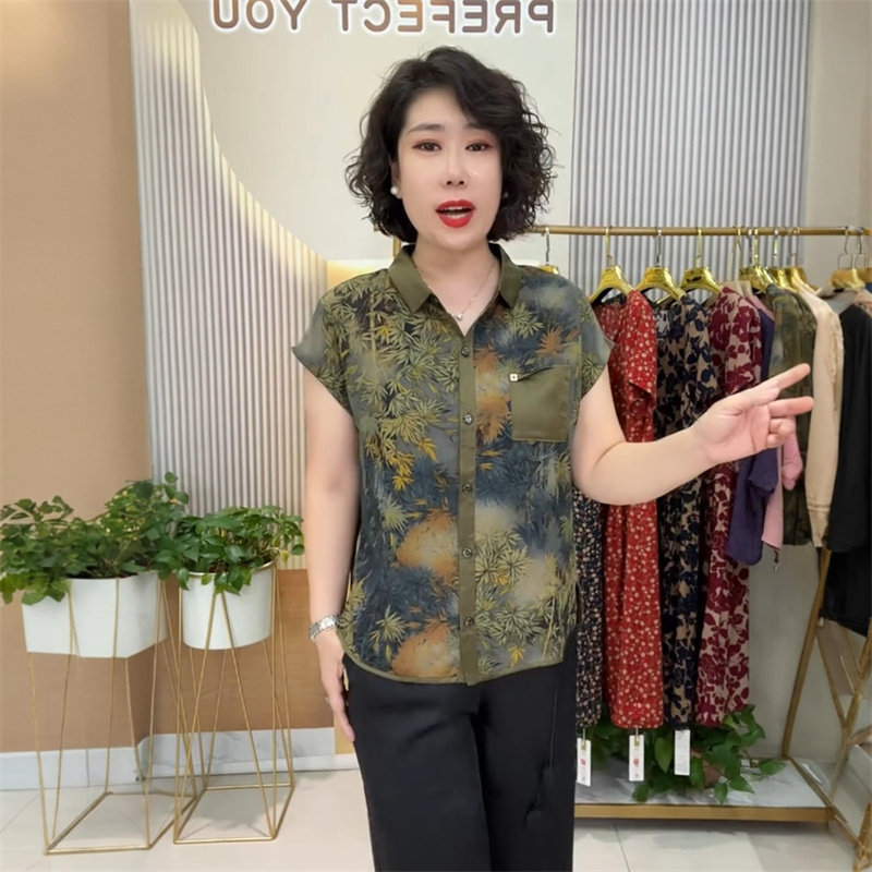 阔太太夏季高端短袖中老年妈妈重磅真丝衬衫宽松遮肉花色开衫上衣
