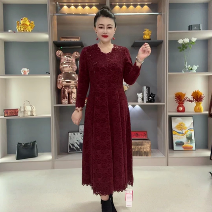 高端冬季妈妈雪尼尔长袖时尚洋气大码加绒保暖高弹长款大摆连衣裙