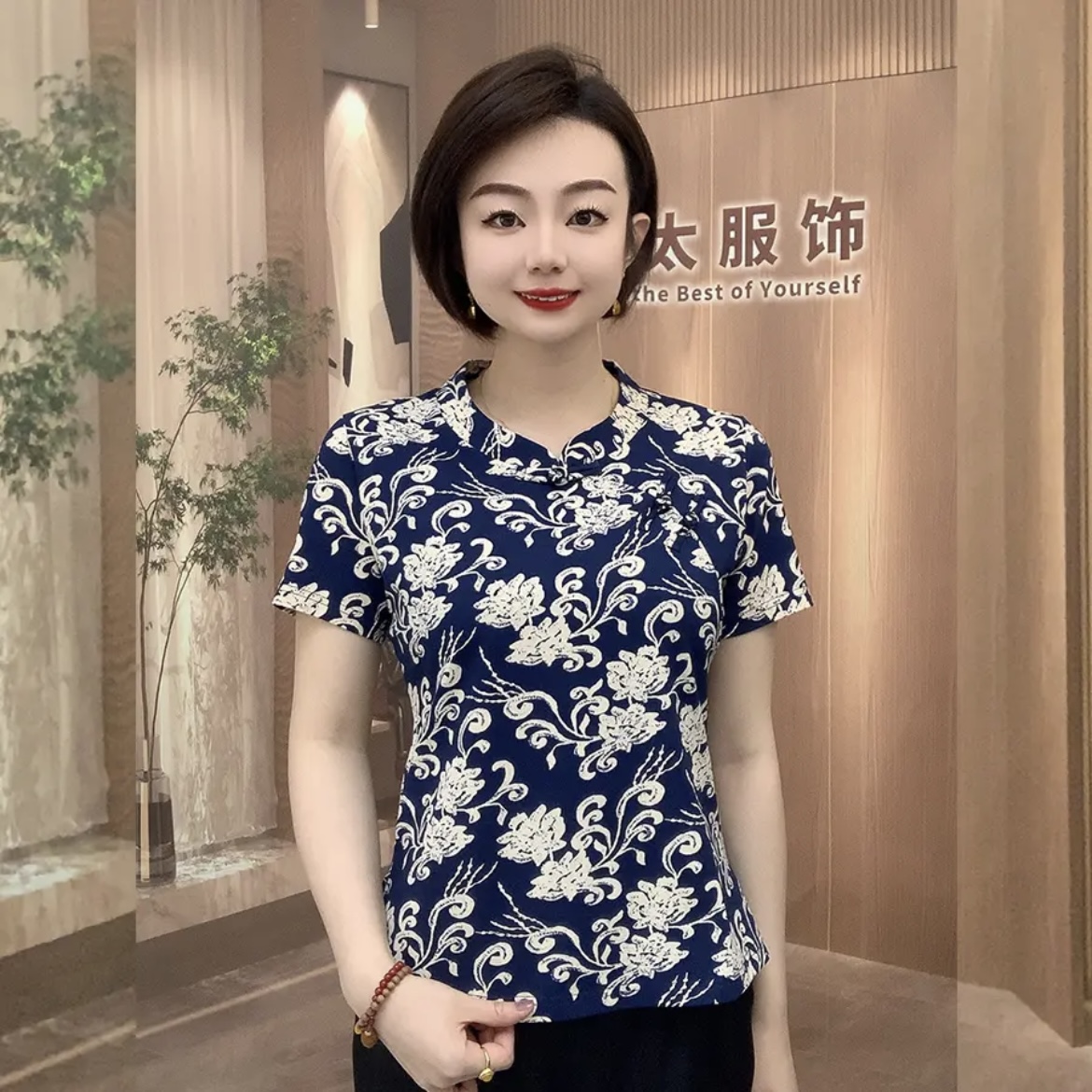 夏季新款短袖复古国风盘扣旗袍小衫短款小个子妈妈装弹力洋气上衣