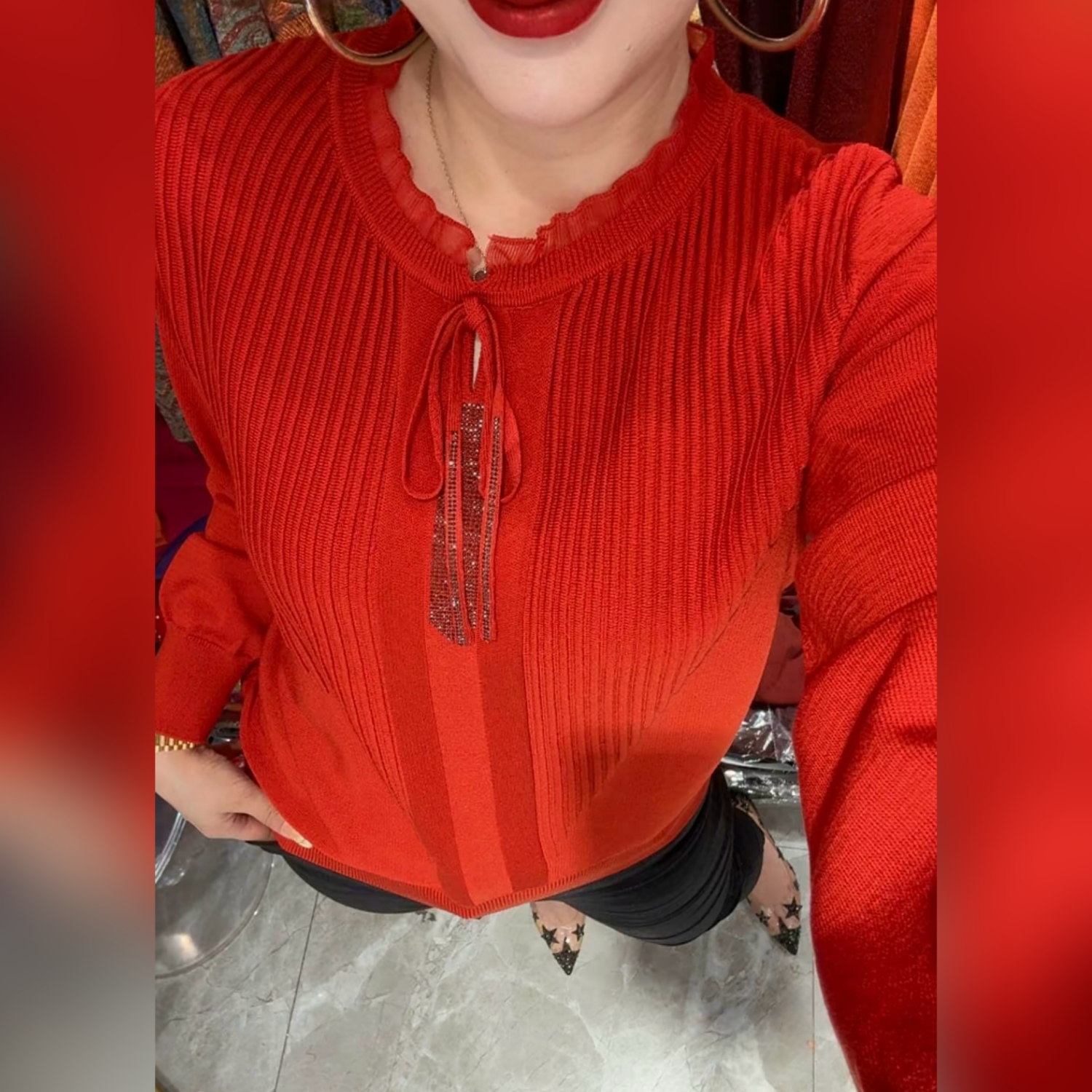 中年妈妈洋气系带木耳边针织衫长袖宽松显瘦弹力毛衣宽松遮肉上衣