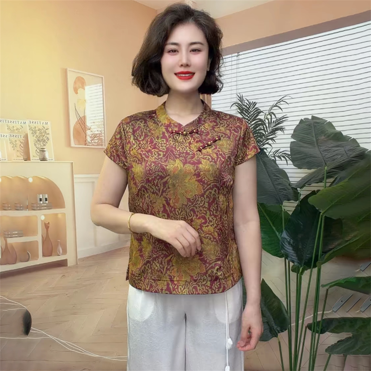 夏季短袖洋气旗袍衫中老年妈妈小衫大码宽松百搭气质遮肉贵气上衣