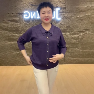 新款翻领烫钻系带针织衫女士长袖宽松显瘦减龄洋气中年妈妈装上衣