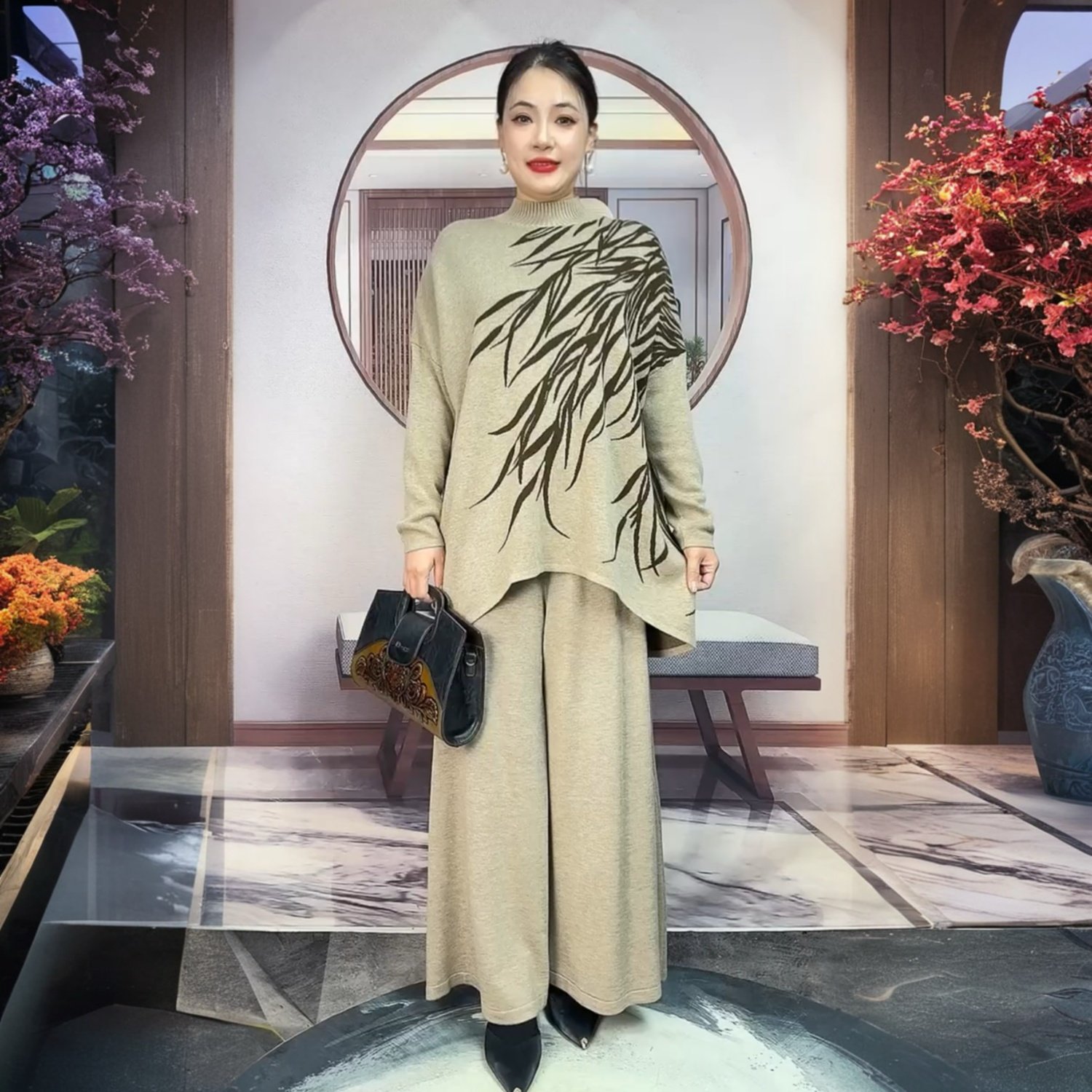 高领秋冬羊毛时尚两件套宽松不规则长袖上衣毛衣大版洋气针织衫女