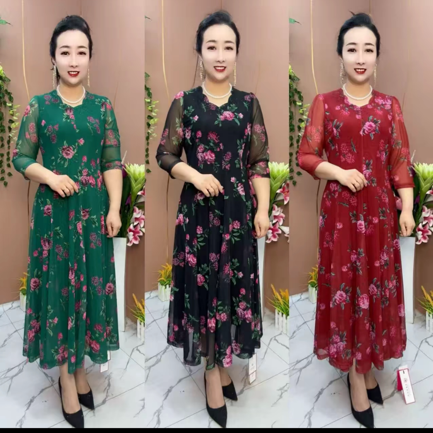 高端中年妈妈夏季中袖台湾纱连衣裙时尚气质优雅高弹大码大摆长裙