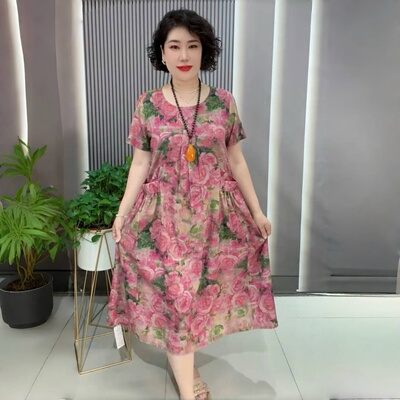 中老年夏装棉麻中长款过膝加肥大码宽松胖妈妈装折肚子显瘦连衣裙