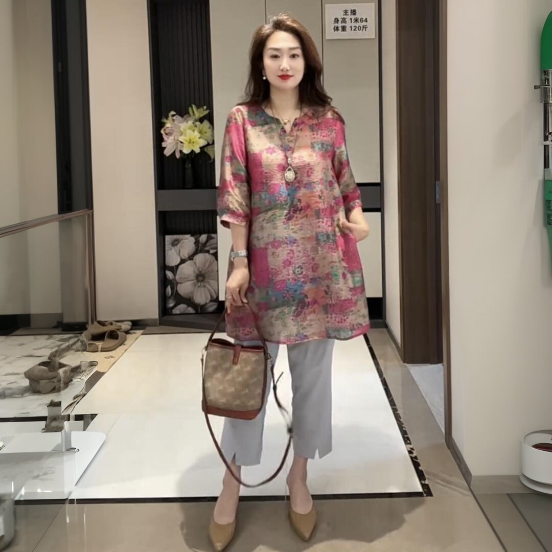 夏季短袖洋气妈妈装宽松遮肚子中长款薄款大版T恤衫天丝大码上衣