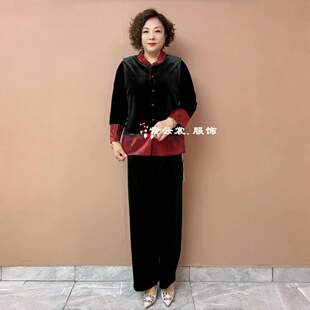 春装中年妈妈新中式国风洋气丝绒马夹时尚宽松马甲坎肩大码套装女