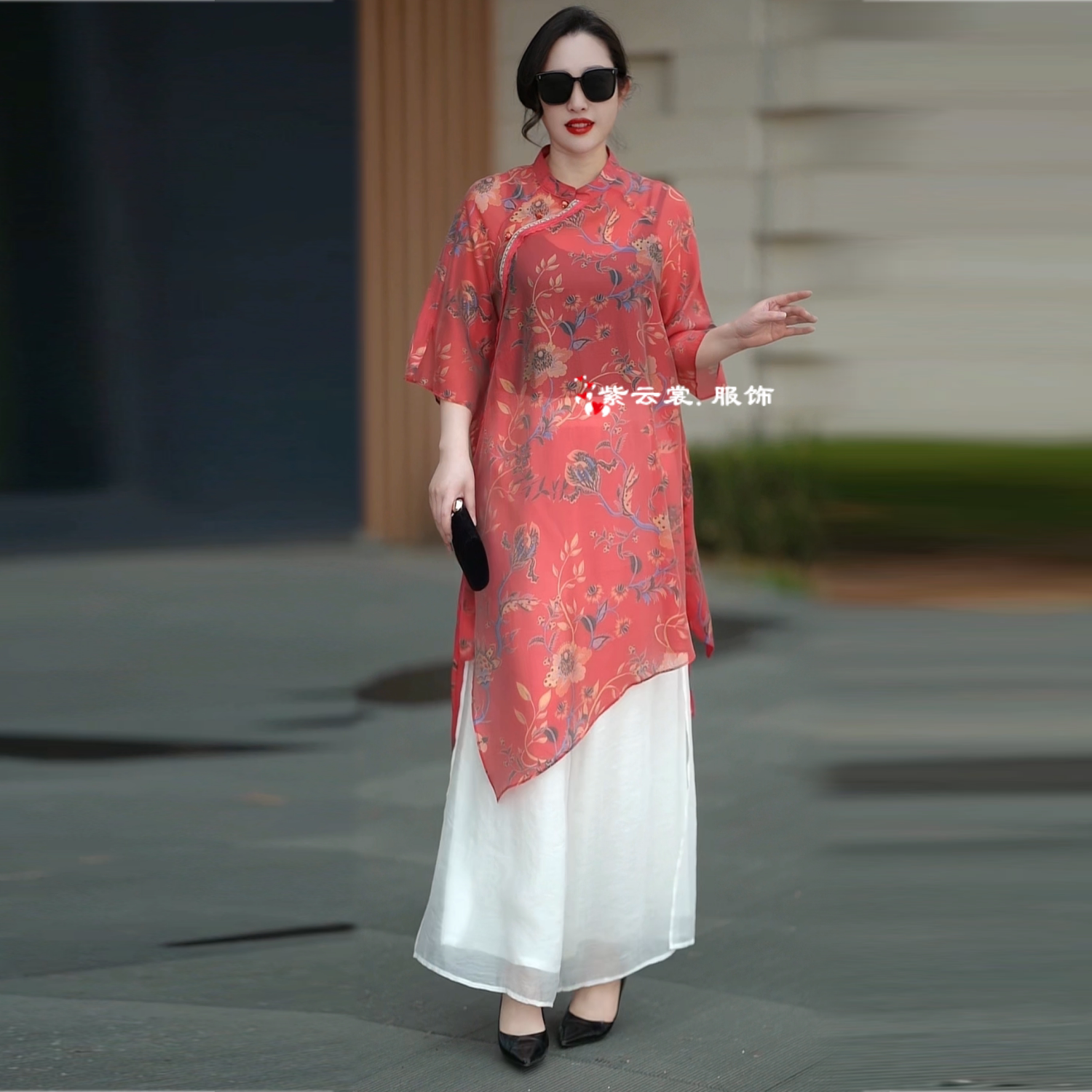 高端时尚气质人丝国风立领斜襟设计师款中式女上衣宽松大码连衣裙