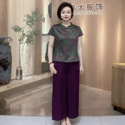 高贵夏季国风醋酸丝缎短袖旗袍衫上衣中老年妈妈宽松显瘦大码小衫