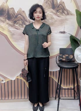 夏季短袖时尚衬衫中年妈妈醋酸丝缎旗袍小衫宽松大码国风t恤上衣