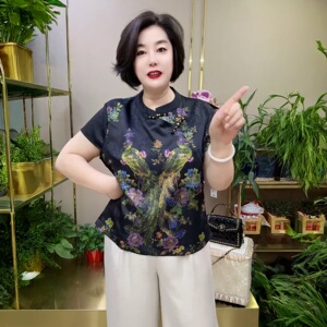 高端夏季醋酸缎定位花短袖洋气复古旗袍衫上衣中老年宽松大码小衫