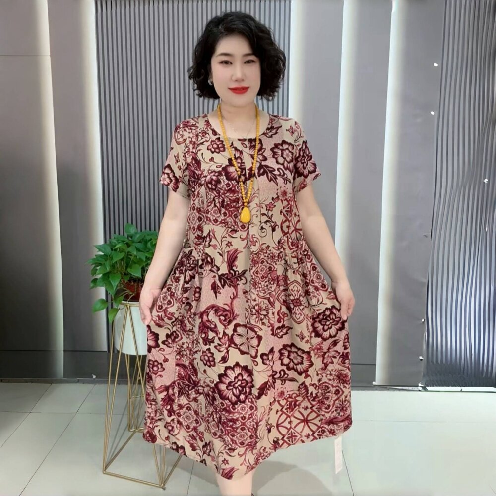 阔太太高端中老年妈妈夏装棉麻洋气大码长款遮肚子显瘦短袖连衣裙