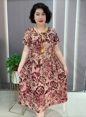 阔太太高端中老年妈妈夏装棉麻洋气大码长款遮肚子显瘦短袖连衣裙