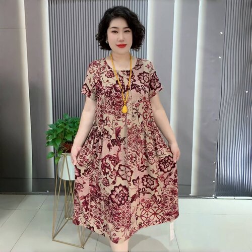 阔太太高端中老年妈妈夏装棉麻洋气大码长款遮肚子显瘦短袖连衣裙