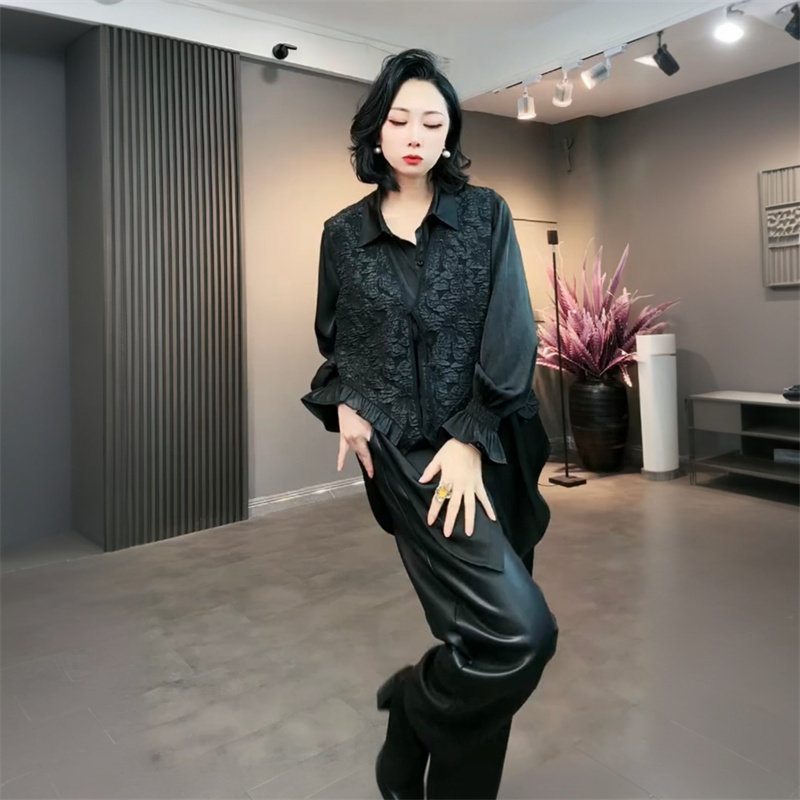 高端春装新款长袖中长款气质休闲遮肉显瘦大码衬衫+马甲两件套装