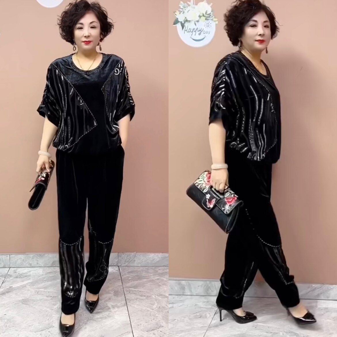 春夏丝绒妈妈两件套装