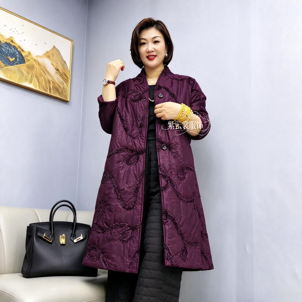 欧货冬季加厚提花中长款棉服外套时尚宽松保暖棉衣大码妈妈装风衣