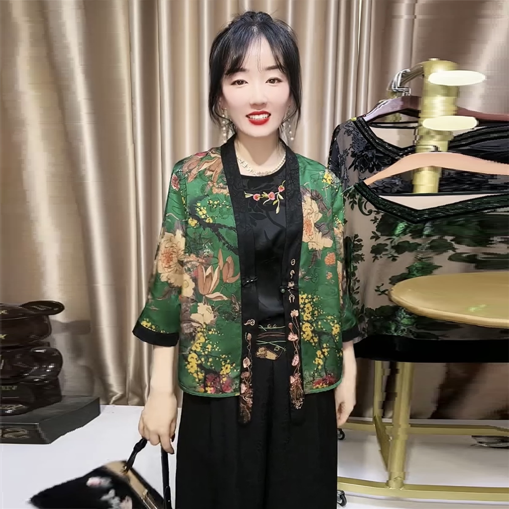 夏季刺绣七分袖开衫中老年妈妈装真丝宽松大码时尚两面穿衬衫外套