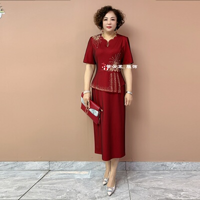时尚喜婆婆婚宴妈妈装礼服夏季短袖结婚高贵大气假两件大码连衣裙