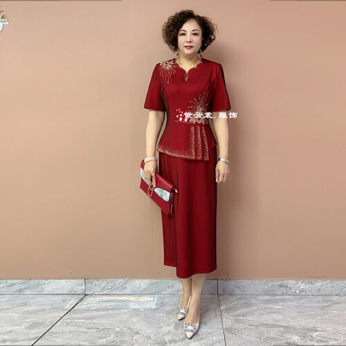 时尚喜婆婆婚宴妈妈装礼服夏季短袖结婚高贵大气假两件大码连衣裙