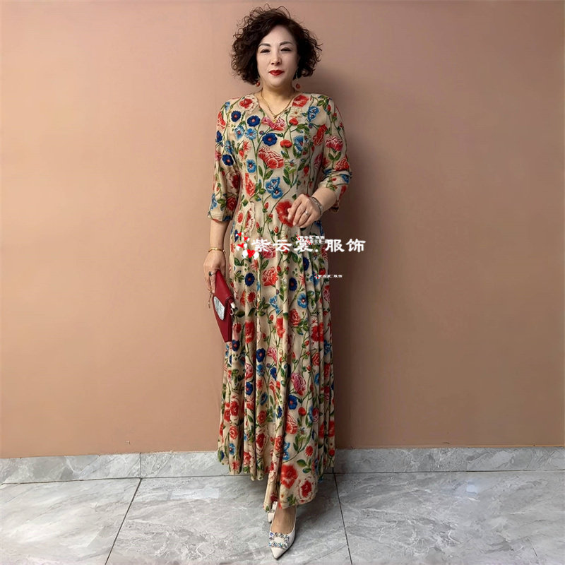 贵夫人夏季短袖中年妈妈连衣裙冰麻高弹洋气碎花收腰显瘦大摆长裙