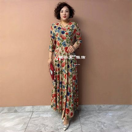 贵夫人夏季短袖中年妈妈连衣裙冰麻高弹洋气碎花收腰显瘦大摆长裙
