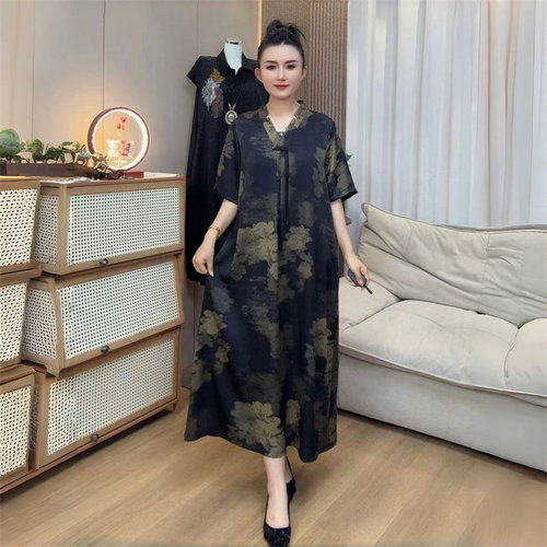 新中式真丝复古印花连衣裙夏季新款宽松大码显瘦气质过膝妈妈长裙