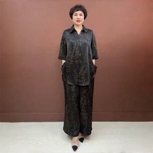 中年妈妈中长款时尚洋气宽松大码翻领衬衫气质真丝阔腿裤两件套装